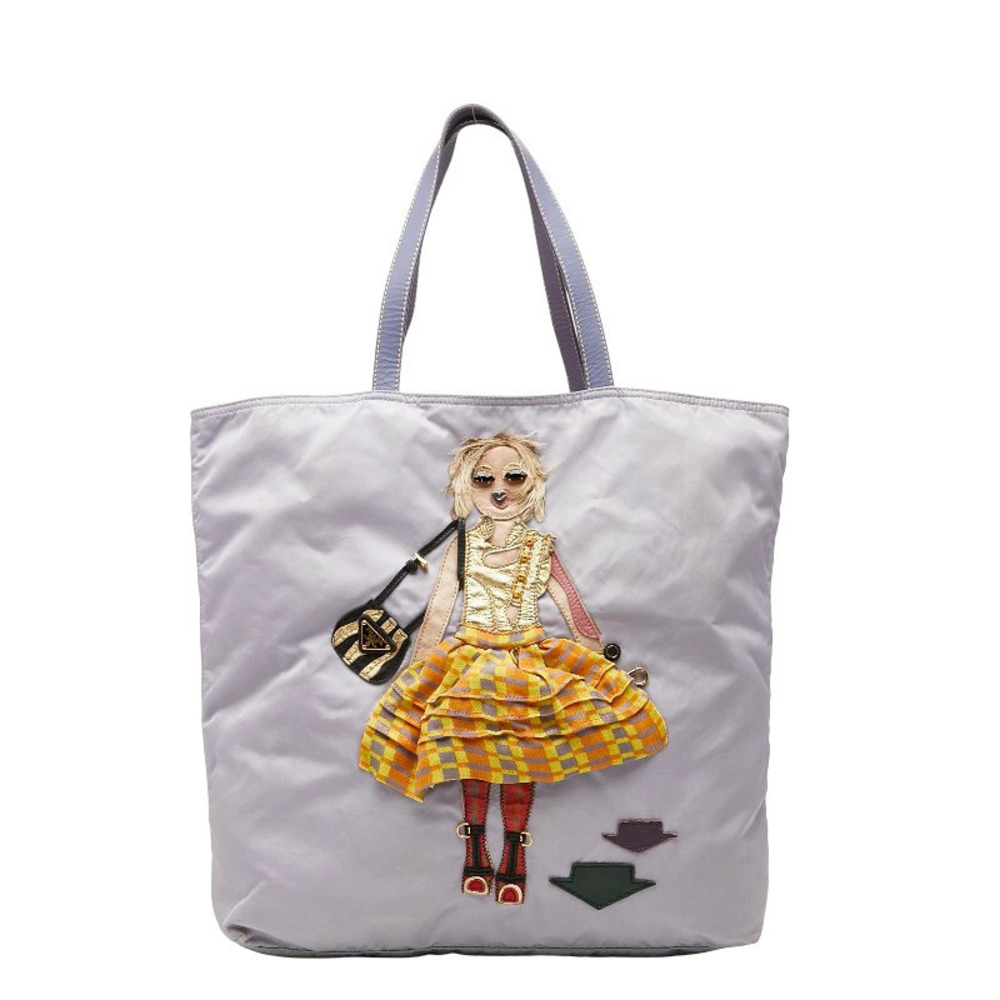 Prada Triangle Plate Doll Embroidery Handbag Tote Bag Purple Multicolor Leather